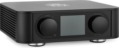 Amplificatore integrato Block Éléments 2.1 nero, visto di tre quarti, con display centrale e due grandi manopole rotonde