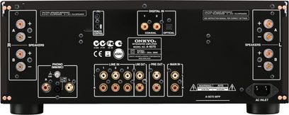 Hi-fi stereo zesilovač Onkyo A-9070 černý, přední panel, pohled zepředu, konektory a ovládací prvky, 4 reproduktory, 2 na každé straně