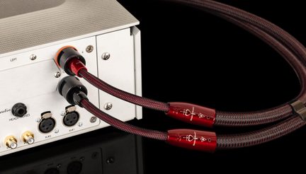 Aluminiumsforstærkerbagside, to højtalerkabler i sort-rød fletning med røde bananstik, XLR-stik