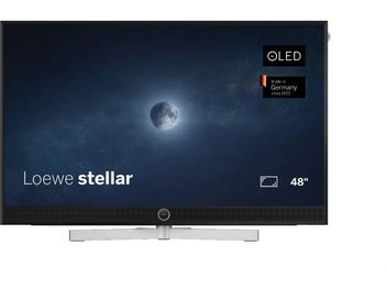 Loewe Stellar-televisie 48 inch zwart, vooraanzicht, dun scherm met centrale zilveren voet en geïntegreerde soundbar