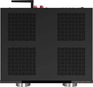 Integrovaný stereo hi-fi zesilovač Onkyo Y-40, pohled shora, černé šasi s ventilačními mřížkami a zadní Wi-Fi anténou