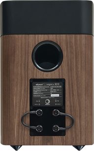 Knihovní reproduktor Elipson Legacy 3210 v ořechovém provedení, přední pohled, tmavý dřevěný kryt, černý reproduktor, černý ovládací panel