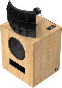 Boekenplankspeaker Klipsch kO-R2 rood eiken, licht houten behuizing, zwarte woofer, frontale basreflexpoort en hoorn bovenaan