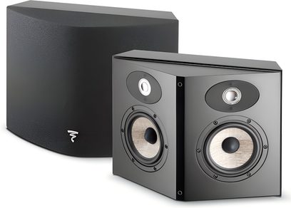 Focal Aria SR 900 højttaler i sort satinlak, set forfra og fra siden, rektangulær form, 2 runde højttalere på forsiden