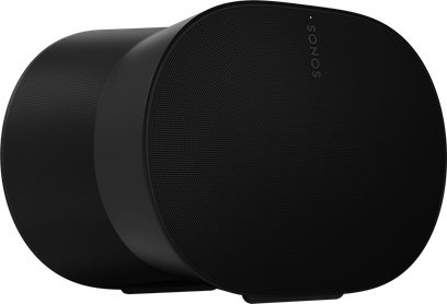 Two black Sonos Era 300 wireless speakers, front view, circular grille, honeycomb texture