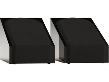 Sort Dolby Atmos-højttaler Monitor Audio Silver AMS 8G, par med frontgitre, set forfra og i trekvart profil
