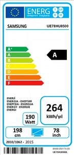 Energimærke for en Samsung UE78HU8500 TV, energiklasse A, årligt energiforbrug 264 kWh, 78 tommer diagonal skærm