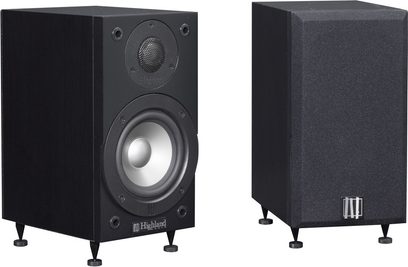 Highland Audio Aingel 3201 sort bogreolhøjttaler, set forfra og fra siden, synlig diskant og basenheder