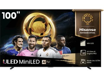 Hisense 100U7Q Fernseher 100", Glasbildschirm, schwarzer schmaler Rahmen, Frontansicht, Fußball-Darstellung mit Pokal und Spielern