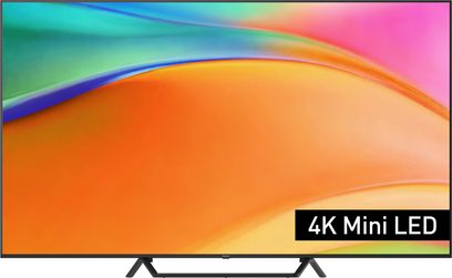 Panasonic TV-75W95BEG sort fjernsyn med høj opløsning, sort, tynd ramme, fladskærm 4K Mini LED i glas, to V-formede ben med afstand, set forfra