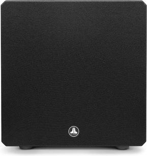 JL Audio E-Sub e112 siyah dişbudak subwoofer, önden görünüm, kübik form, mat siyah kaplama, ortada gümüş renkli logo