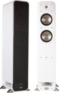 Polk Audio S55 hvid søjlehøjttaler, set forfra og fra siden, to runde sorte højttalere, hvid rektangulær kabinet