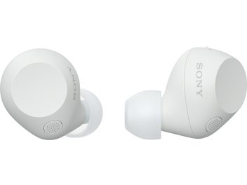 Бездротові внутрішньовушні навушники Sony WF-C710N білого кольору з матової пластмаси, з прозорими силіконовими насадками, видимим логотипом Sony та круглою мікрофонною решіткою, представлені у фронтальному та бічному вигляді