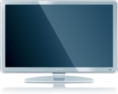 Philips 42PFL9803H fladskærms-TV, højdefinition, frontvisning, sølvfarvet ramme, glasbund, mørkeblå skærm