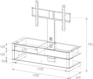 Tv-møbel i glas og metal med 2 åbne hylder, 2 skuffer og vægbeslag til fladskærm, detaljerede mål på diagrammet