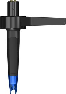 Bunka pro gramofonové desky DJ Ortofon Concorde Music Blue, pohled zepředu, černé tělo, průsvitně modrý hrot, pozlacené konektory
