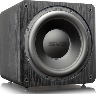SVS SB-2000 Pro black ash subwoofer, front view, dark wood enclosure, black circular speaker in the center, SVS logo