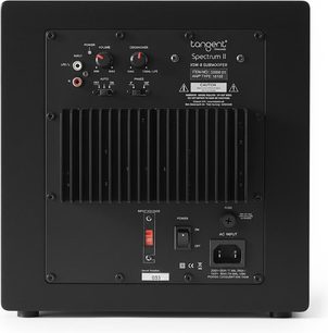 Subwoofer Tangent Spectrum II XSW8 v černé barvě, zadní pohled, kovový chladič, ovladače hlasitosti/crossoveru, RCA, zásuvka IEC