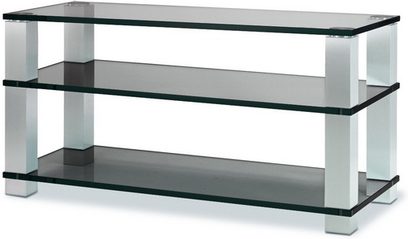 Spectral High-end HE1203 TV-møbel med 3 niveauer i transparent glas, kromet metalramme, set forfra