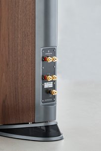 AudioVector R3 Signature søjlehøjttaler i sort ask, frontvisning, 3 gyldne højttalere, sort kontrolpanel