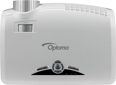 Optoma HD30 hvid videoprojektor, set ovenfra, front med linse, kontrolknapper og sidegittere til ventilation