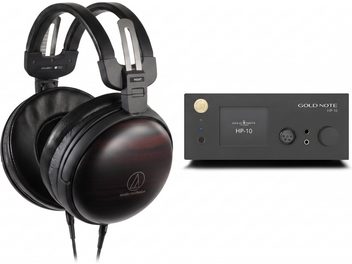 Zwarte Audio-Technica ATH-AWKT-hoofdtelefoon met oorschelpen met houteffect en zwarte Gold Note HP-10-hoofdtelefoonversterker