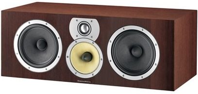 Bowers & Wilkins CMC 2 brun midterkanal, 3 runde sølvfarvede højttalere på forsiden, set forfra