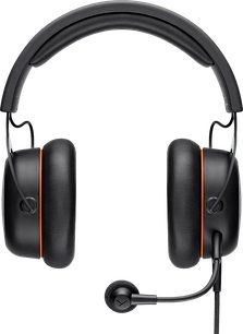 Beyerdynamic MMX 150 gaming headset, set forfra, sort polstret hovedbøjle, sorte ørepuder, orange accenter, aftagelig mikrofon
