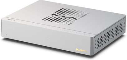 Matrix Audio SS‑1 aluminum switch-splitter, matte silver finish, three-quarter front right view, top ventilated with circular holes in a zigzag pattern, perforated side panel, left front LED indicator, and gold MA logo on the right front panel
