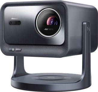 Hisense C2 Pro projector, three-quarter view, rectangular gray casing, circular lens, curved stand