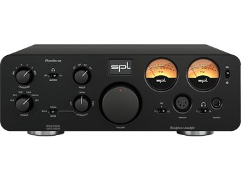 Préampli casque SPL Phonitor xe noir, vue de face, avec deux vumètres orange, une grande molette centrale et deux prises casque
