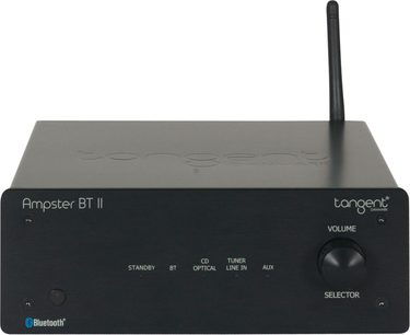 Hi-fi stereo zesilovač Tangent Ampster BT II černý, pohled zepředu. Přední panel s tlačítky, voličem a konektorem. Logo Bluetooth