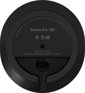 Front view of Sonos Era 100 matte black wireless connected speaker, with white logos and text