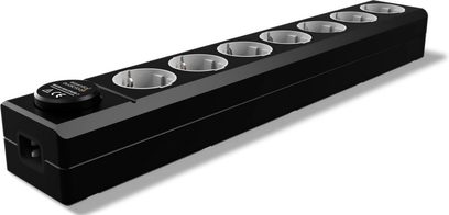 Sort EAT Essential Audio Tools MM7 multistikdåse, 7 sølvfarvede stikkontakter, perspektivisk ovenfra-billede, langstrakt format