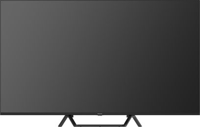 Televisor Panasonic TV-55W95BEG negro de pantalla plana con borde fino en plástico y metal, soporte de doble pie en V unido por barra, vista frontal