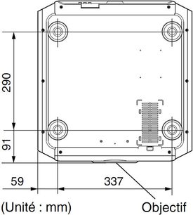 JVC DLA-X7000 sort videoprojektor, teknisk diagram med dimensioner i top-, front- og højrevisning
