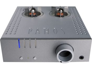 Pathos Aurium Kopfhörerverstärker in Silber, rechteckiges perforiertes Metallgehäuse, 2 Vakuumröhren, Klinkenbuchsen auf der Vorderseite