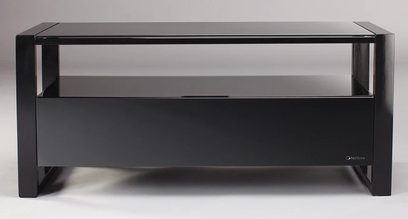 Sort Norstone Design Carly audio-/videomøbel, 1 åben hylde, 1 skuffe, synlig metalstruktur set forfra