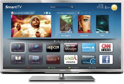 Philips 40PFL5507 fladskærms-TV med SmartTV-grænseflade, der viser miniaturebilleder af videoer, apps og et nærbillede af et barn