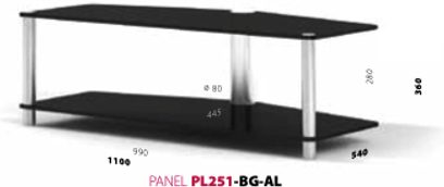 Sort glasmetalskabinet til TV, set oppefra med dimensioner i millimeter, af mærket Spectral model Panel PL251-BG-AL