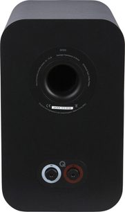 Knihovní reproduktor Q Acoustics 3030i černý, pohled zepředu, dva kruhové reproduktory, konektory na zadní straně