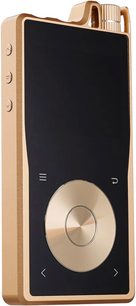 Audiofil bærbar afspiller Questyle QP2R guld i forgyldt aluminium, sort skærm, drejeknap og kontrolknapper, set forfra