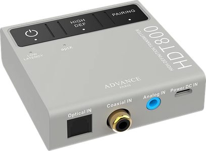 Advance Paris HDT800 trådløs sender set ovenfra, gråt kabinet med knapper og indikatorer, analoge og digitale lydindgange