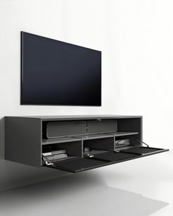 Nástěnný audiovizuální nábytek Clic TV Series Model TV77" 2S tmavě šedý, matný kompozitní panel, šikmý pohled, dvě výklopná dvířka otevřená