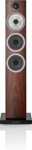 Boxă colună Bowers & Wilkins 704 S3 culoare moca, vedere frontală, lemn închis la culoare, 4 difuzoare rotunde negre de dimensiuni diferite