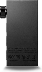 Přenosný audio konvertor Astell&Kern AK-HB1 v černé barvě, pohled zepředu, s technickými nápisy a logem značky