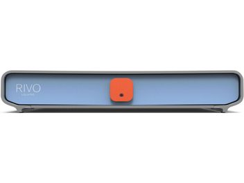 Lecteur audio réseau Volumio Rivo classic, vue de face, boîtier rectangulaire, couleur bleue, bouton central orange