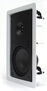 Hvid, rektangulær, indbygningsvenlig højttaler fra Klipsch R-2650-W, set forfra, med sort højttaler og aftagelig grill