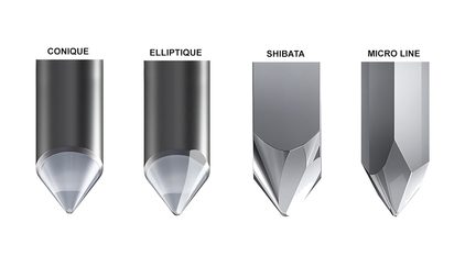 Comparație a patru vârfuri de diamant pentru celulă phono: conică, eliptică, Shibata și micro line văzute din profil