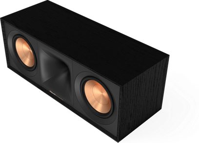 Klipsch R-50C schwarzer Center-Lautsprecher, Frontansicht, mit zwei Mitteltonlautsprechern und einer Hochtonkalotte in einem Holzgehäuse